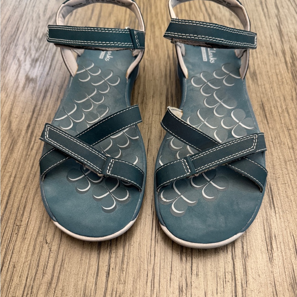 Clarks Teal Sandals with Ankle Strap and Decorative Footbed